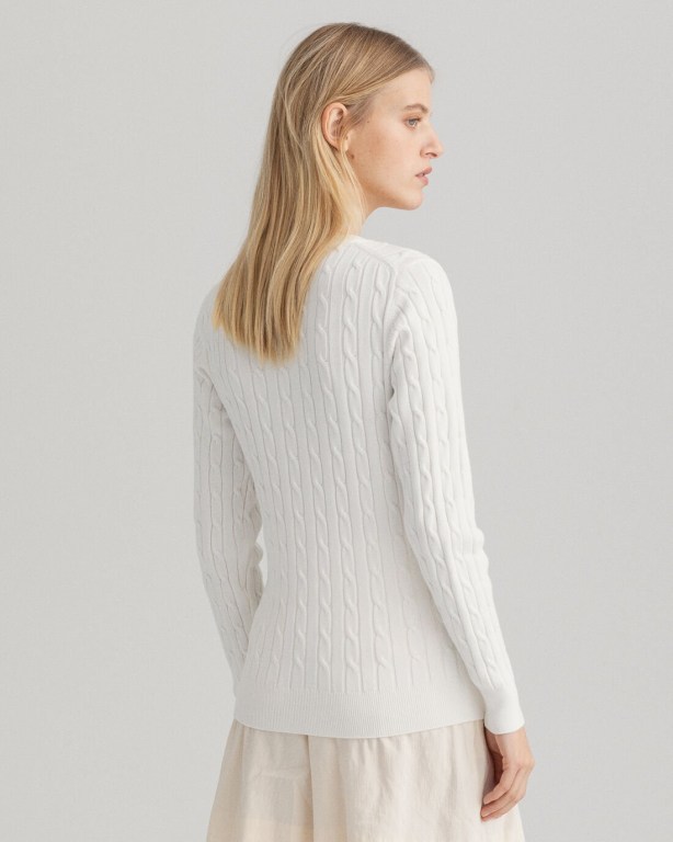 Gant Stretch Cotton Cable V-Neck Women's Cable Knit Jumpers White | GWO256s1sjQ