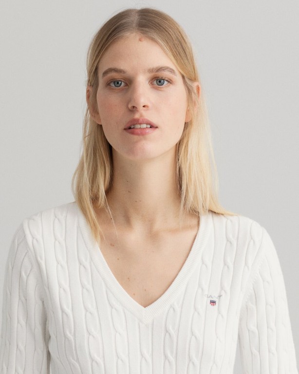 Gant Stretch Cotton Cable V-Neck Women's Cable Knit Jumpers White | GWO256s1sjQ