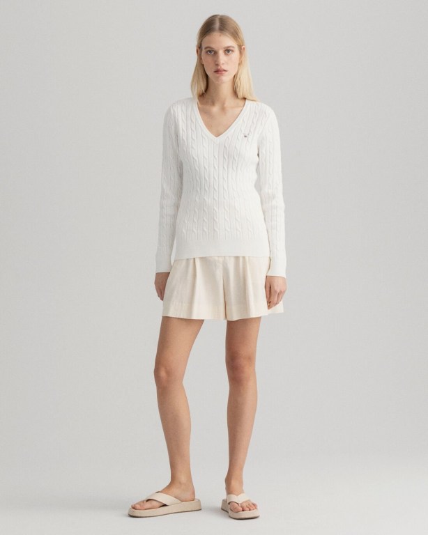 Gant Stretch Cotton Cable V-Neck Women's Cable Knit Jumpers White | GWO256s1sjQ