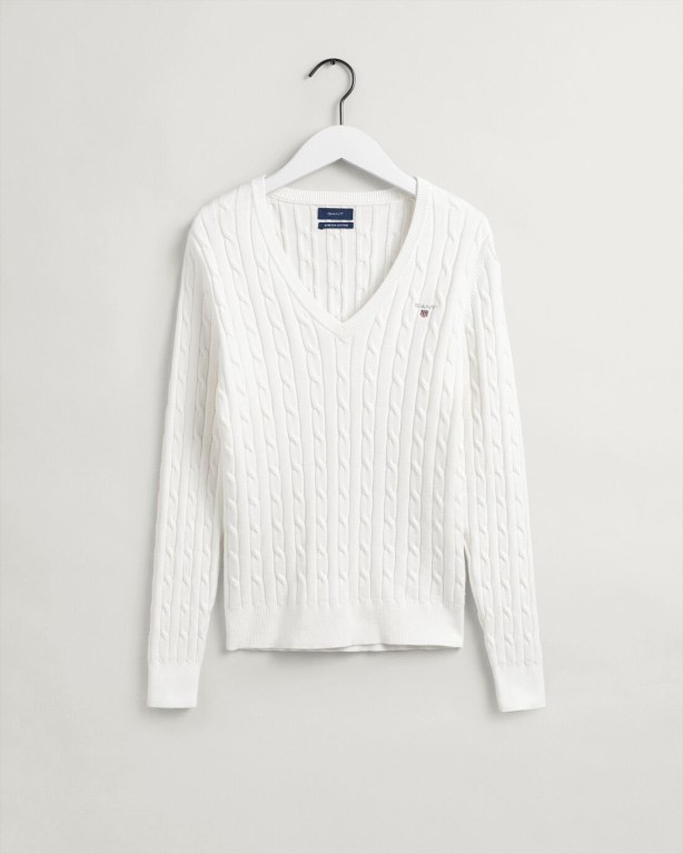 Gant Stretch Cotton Cable V-Neck Women's Cable Knit Jumpers White | GWO256s1sjQ