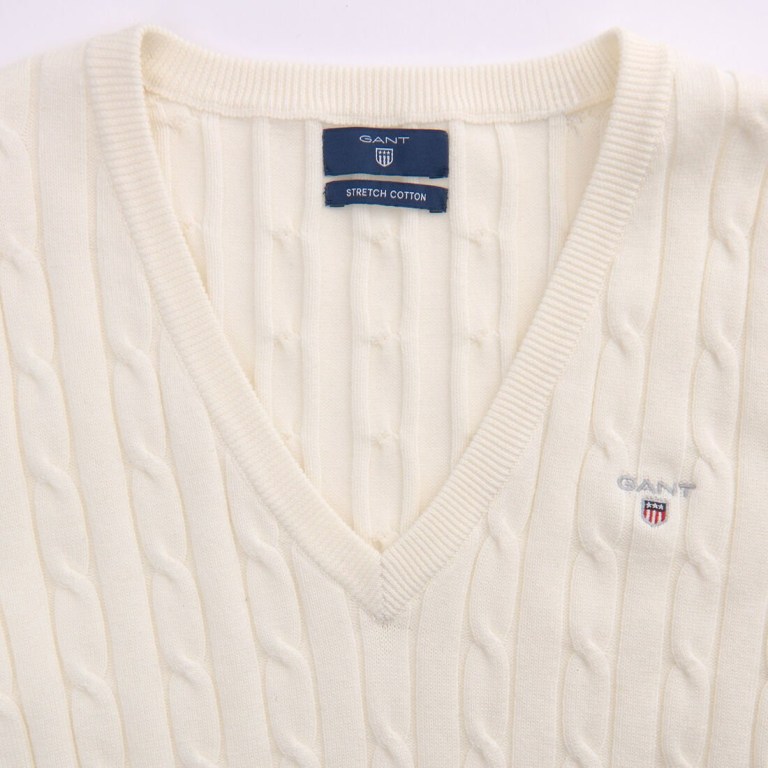 Gant Stretch Cotton Cable V-Neck Women's Cable Knit Jumpers White | GWO256s1sjQ