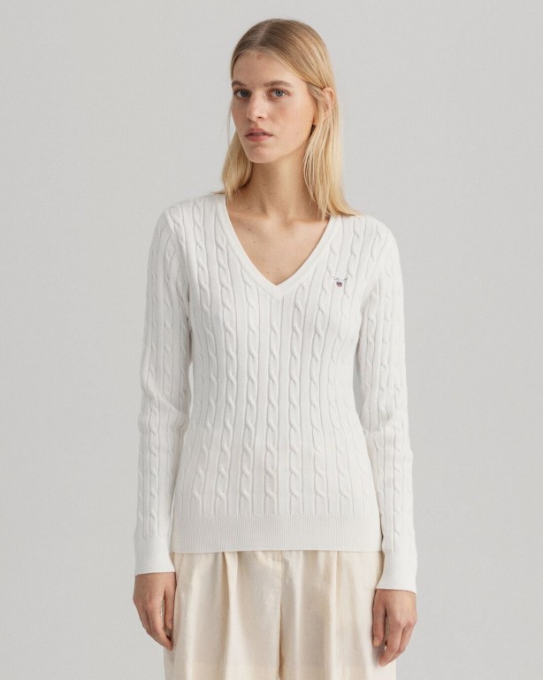 Gant Stretch Cotton Cable V-Neck Women\'s Cable Knit Jumpers White | GWO256s1sjQ