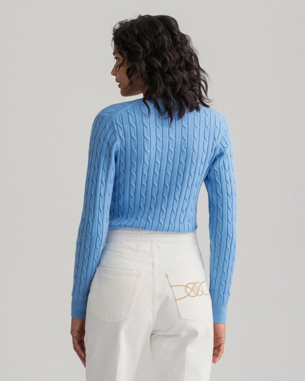 Gant Stretch Cotton Cable V-Neck Women's Cable Knit Jumpers Silver Blue | cmLxlOJdKOu