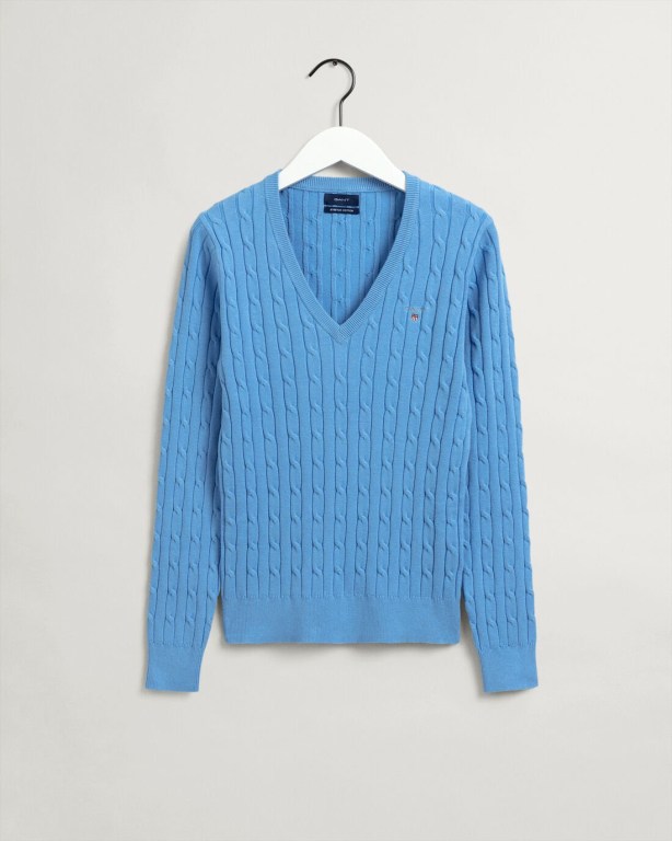 Gant Stretch Cotton Cable V-Neck Women's Cable Knit Jumpers Silver Blue | cmLxlOJdKOu