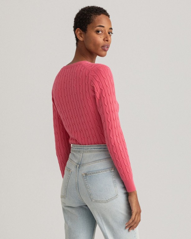 Gant Stretch Cotton Cable V-Neck Women's Cable Knit Jumpers Rose | lPEcM29bNET