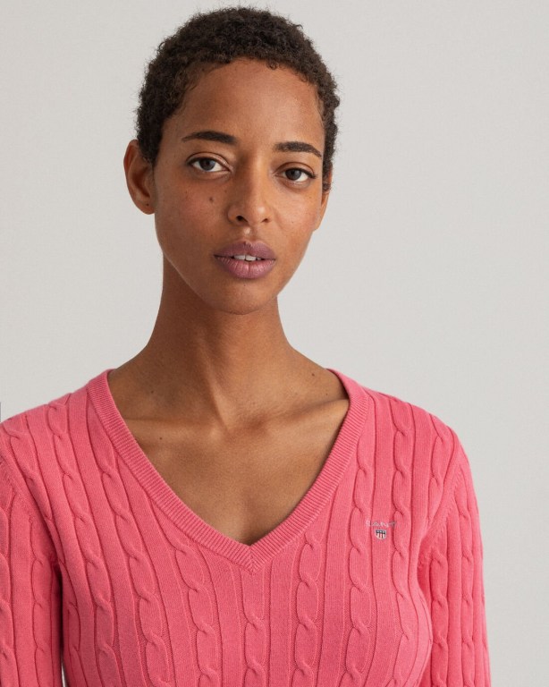 Gant Stretch Cotton Cable V-Neck Women's Cable Knit Jumpers Rose | lPEcM29bNET