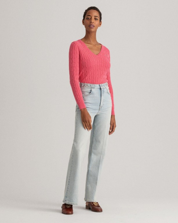 Gant Stretch Cotton Cable V-Neck Women's Cable Knit Jumpers Rose | lPEcM29bNET