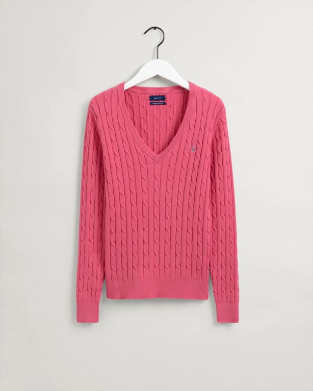 Gant Stretch Cotton Cable V-Neck Women's Cable Knit Jumpers Rose | lPEcM29bNET