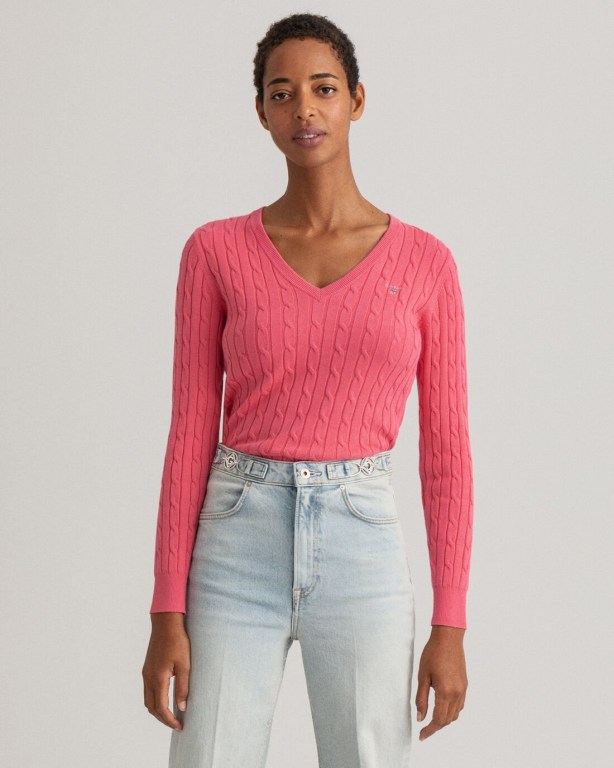 Gant Stretch Cotton Cable V-Neck Women\'s Cable Knit Jumpers Rose | lPEcM29bNET