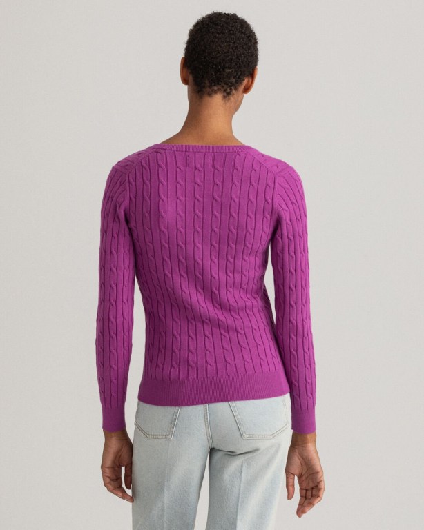 Gant Stretch Cotton Cable V-Neck Women's Cable Knit Jumpers Purple | tLwue4xUW4f