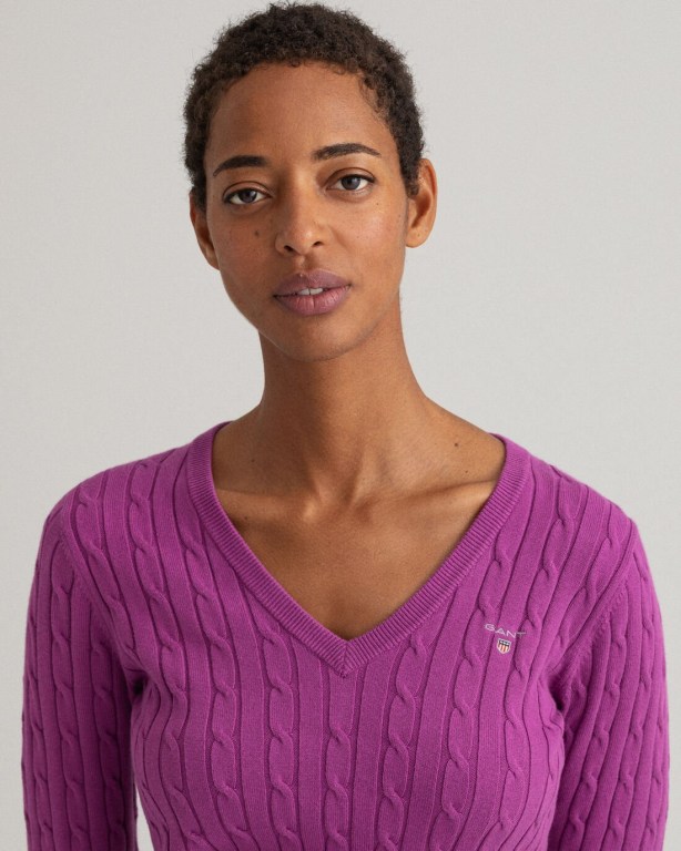 Gant Stretch Cotton Cable V-Neck Women's Cable Knit Jumpers Purple | tLwue4xUW4f