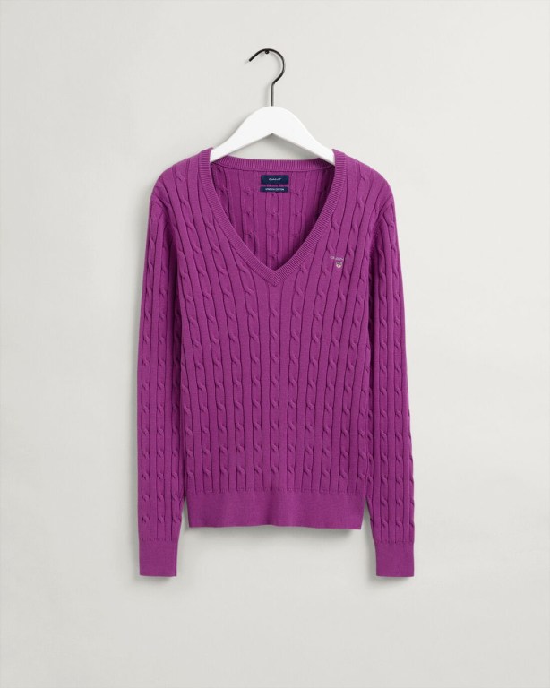 Gant Stretch Cotton Cable V-Neck Women's Cable Knit Jumpers Purple | tLwue4xUW4f