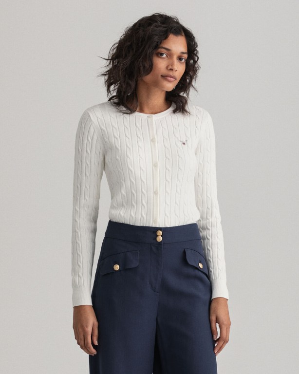 Gant Stretch Cotton Cable Women\'s Cardigans White | SF2LEbp1Ohj