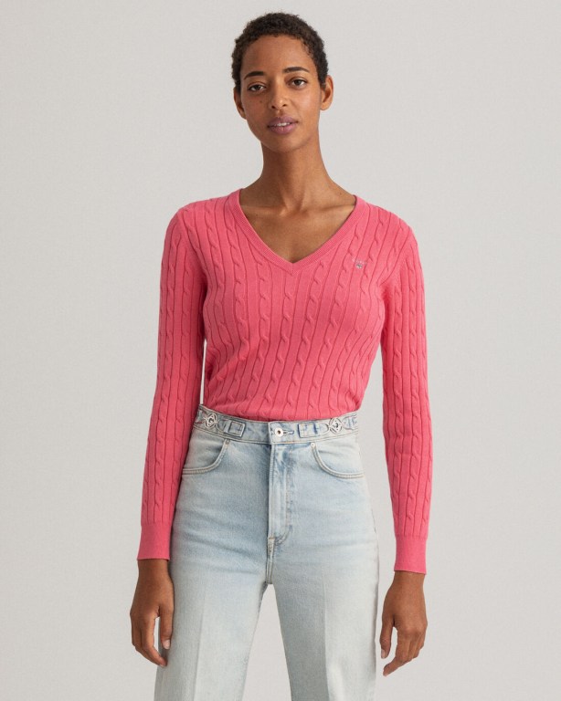 Gant Stretch Cotton Cable Women\'s V-neck Jumpers Rose | a1IFagOnuBC