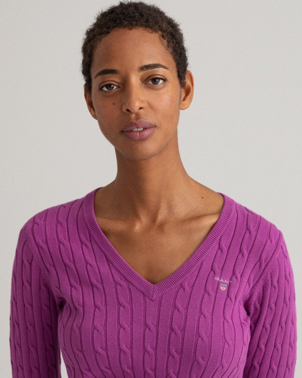 Gant Stretch Cotton Cable Women's V-neck Jumpers Purple | c0DWpDKBl88