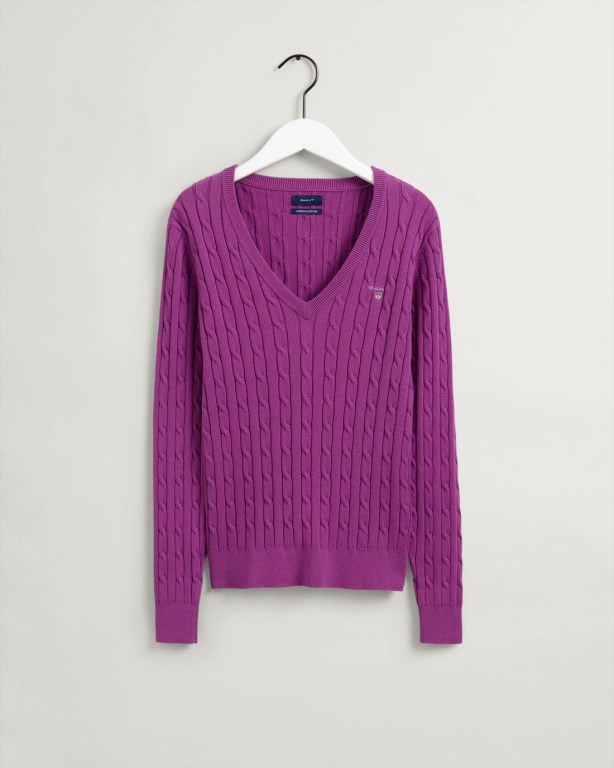 Gant Stretch Cotton Cable Women's V-neck Jumpers Purple | c0DWpDKBl88