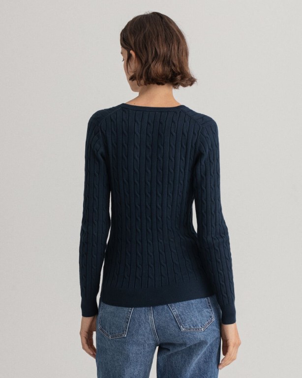 Gant Stretch Cotton Cable Women's V-neck Jumpers Blue | dP5CaUD6tXc