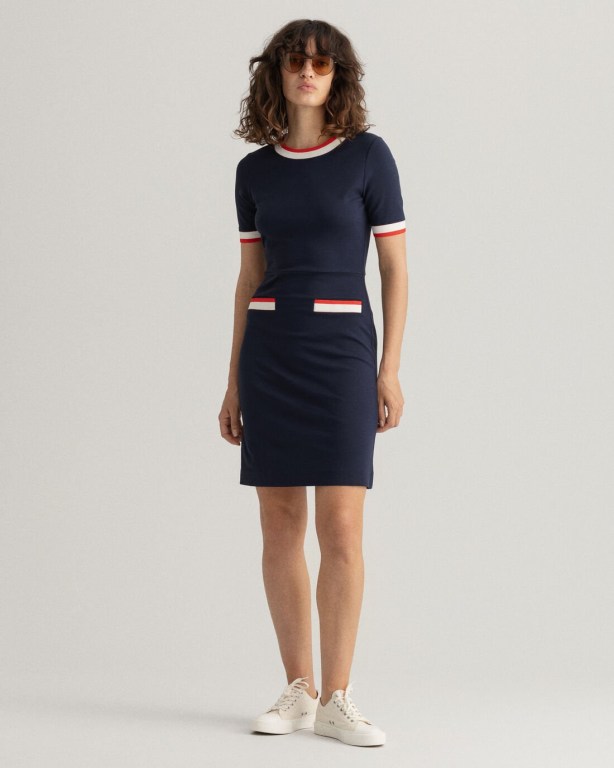 Gant Stripe Detail Jersey Women's Dresses Blue | 94GkkcJ3Y93