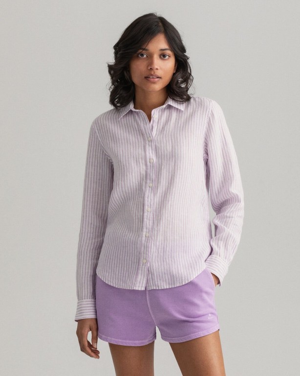 Gant Stripe Linen Women\'s Shirts Purple | Ju5KQKVXCj1