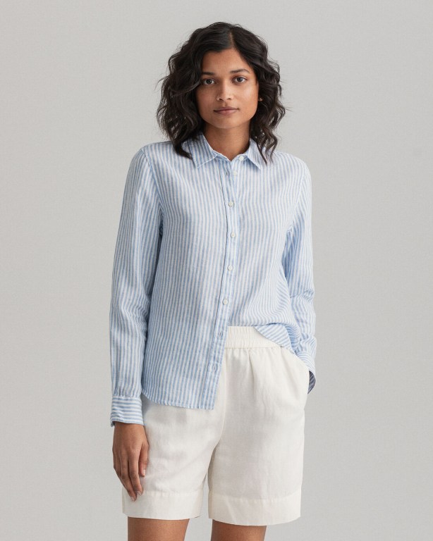 Gant Stripe Linen Women\'s Shirts Silver Blue | RMw3t0zplqb