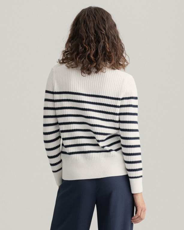 Gant Stripe Ribbed Piqué Crew Neck Women's Crew Neck Jumpers White | 9LAj7DLaJHB