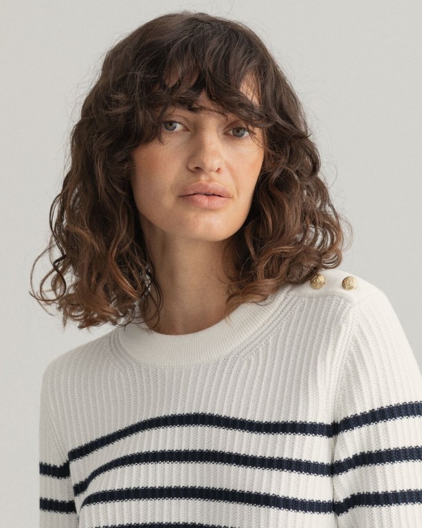 Gant Stripe Ribbed Piqué Crew Neck Women's Crew Neck Jumpers White | 9LAj7DLaJHB