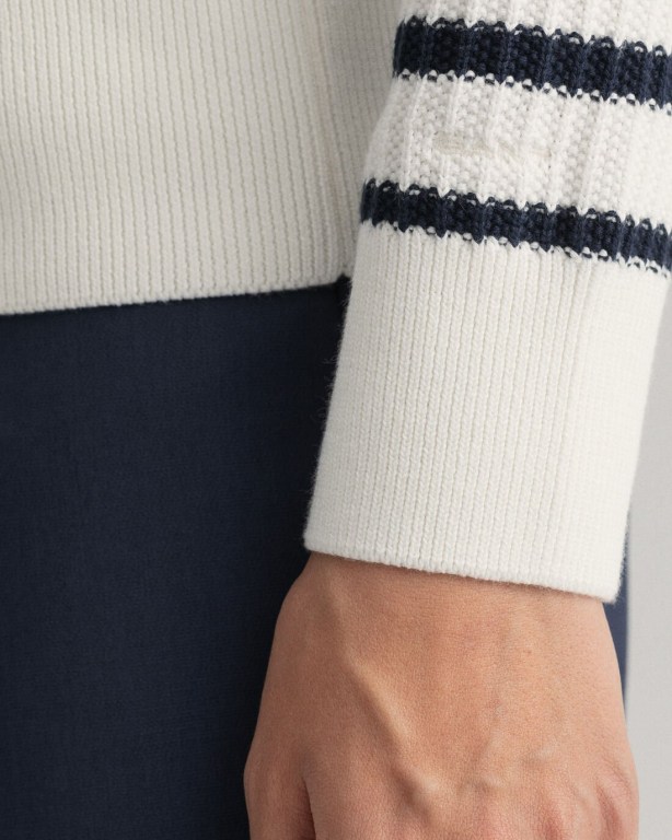 Gant Stripe Ribbed Piqué Crew Neck Women's Crew Neck Jumpers White | 9LAj7DLaJHB