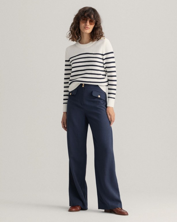 Gant Stripe Ribbed Piqué Crew Neck Women's Crew Neck Jumpers White | 9LAj7DLaJHB