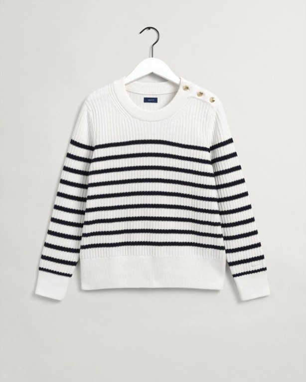 Gant Stripe Ribbed Piqué Crew Neck Women's Crew Neck Jumpers White | 9LAj7DLaJHB