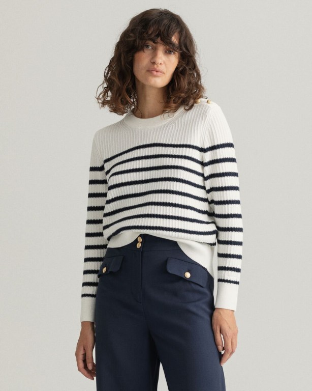 Gant Stripe Ribbed Piqué Crew Neck Women\'s Crew Neck Jumpers White | 9LAj7DLaJHB