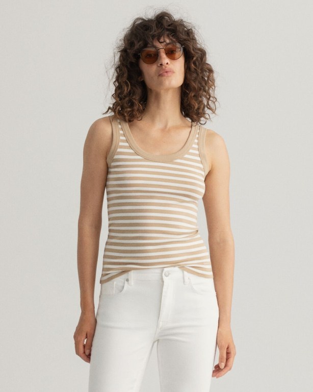 Gant Striped Ribbed Top Women\'s Tank Dark Khaki | hqt1oQLcKai