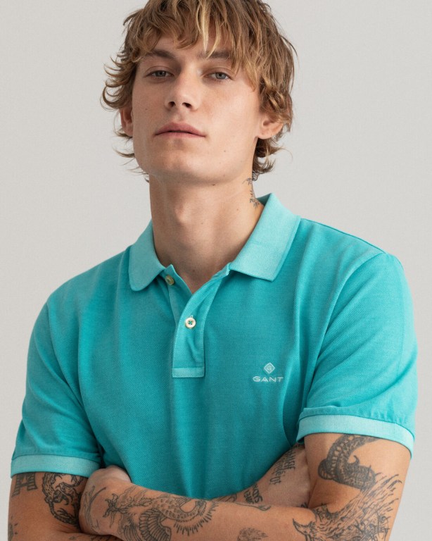 Gant Sunfaded Piqué Men's Polo Shirts Light Turquoise Green | QRsJlmjrFb2