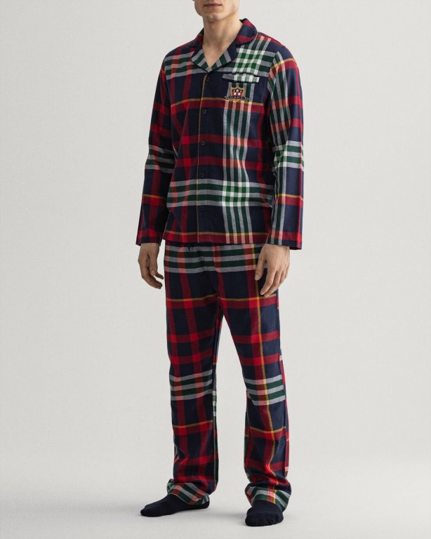 Gant Tartan Flannel Pajama Set Men\'s Nightwear Blue | xjDpKyt7MAU