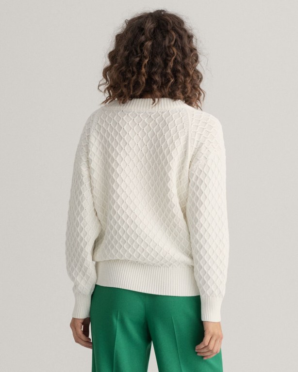 Gant Texture Cotton Women's V-neck Jumpers White | AUuj3T7L6oS