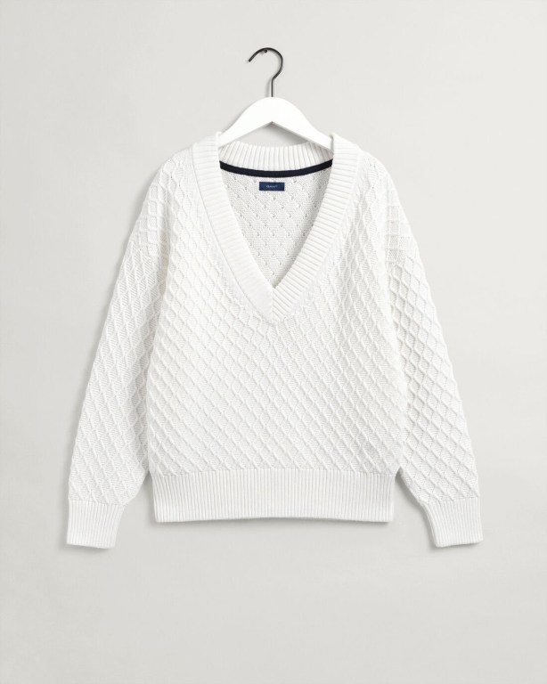 Gant Texture Cotton Women's V-neck Jumpers White | AUuj3T7L6oS