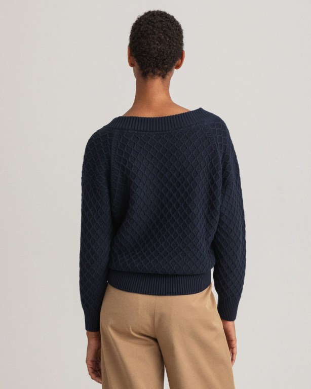 Gant Texture Cotton Women's V-neck Jumpers Blue | bH8Qe2YEVYT