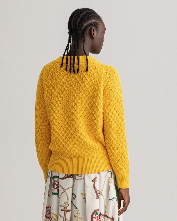 Gant Texture Cotton Women's V-neck Jumpers Yellow | kkfDiRCKZMH