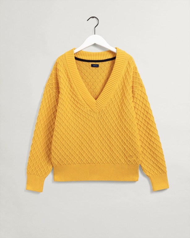 Gant Texture Cotton Women's V-neck Jumpers Yellow | kkfDiRCKZMH