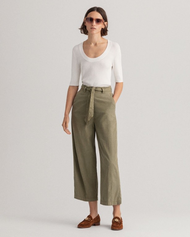 Gant Tie Belt Fluid Cropped Women's Pants Green | fyUgwQTCGj1