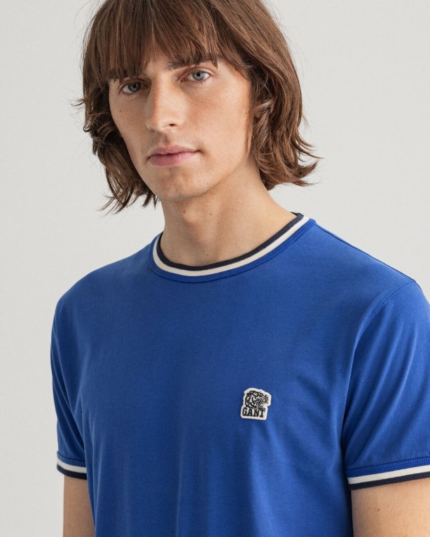 Gant Tiger Badge Men's T-shirts Blue | ftx1jzjCG86