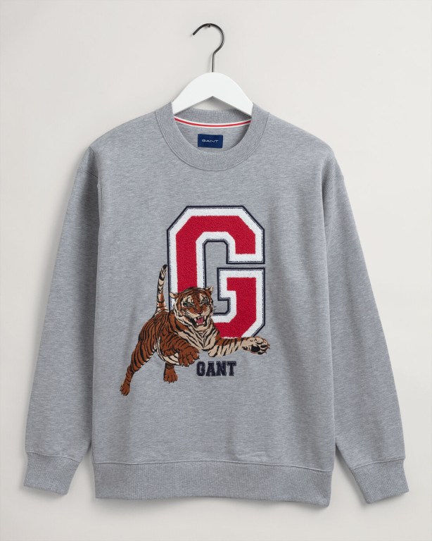 Gant Tiger Crew Neck Men's Sweatshirts Grey | K2phL1iQoAm