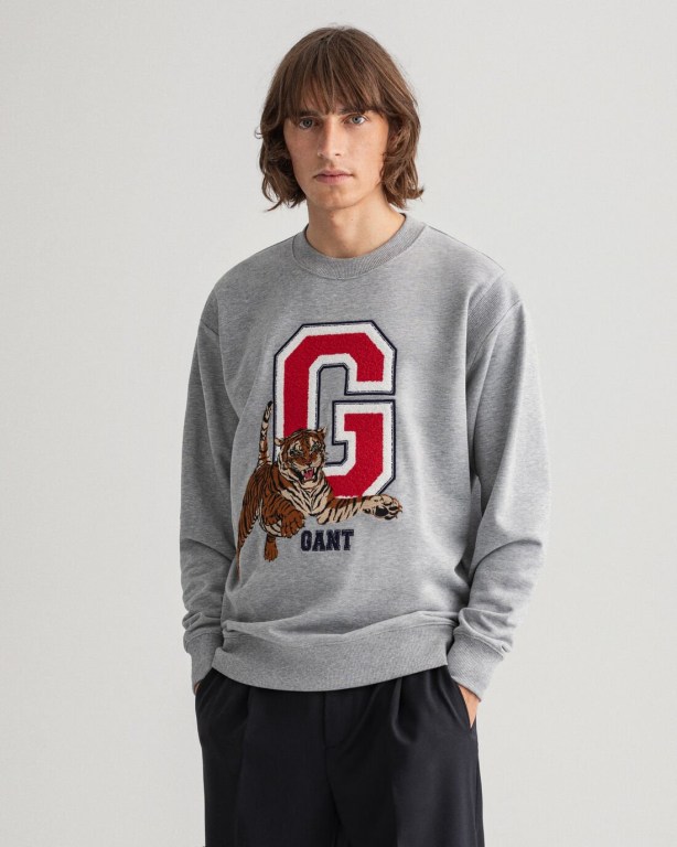 Gant Tiger Crew Neck Men\'s Sweatshirts Grey | K2phL1iQoAm