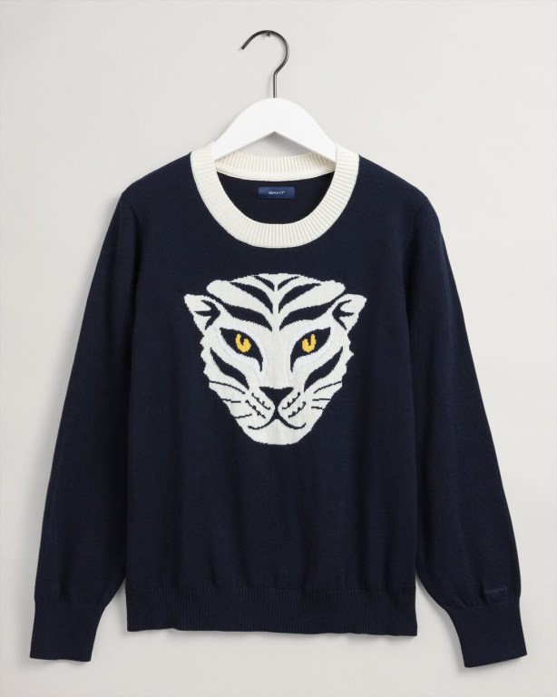 Gant Tigress Intarsia Crew Neck Women\'s Crew Neck Jumpers Blue | uEeyDf5AhyW