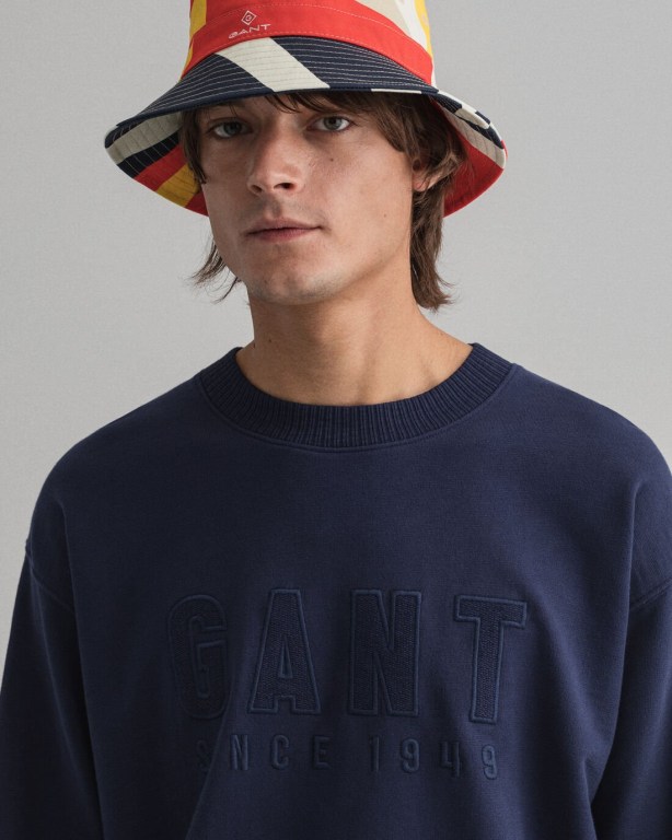 Gant Tonal Logo Crew Neck Men's Sweatshirts Blue | FSRh8aHvgtn