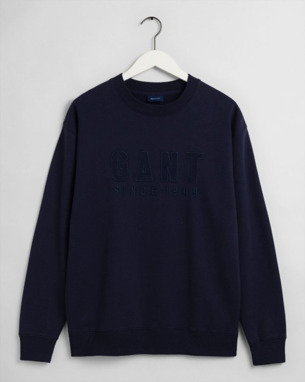 Gant Tonal Logo Crew Neck Men's Sweatshirts Blue | FSRh8aHvgtn