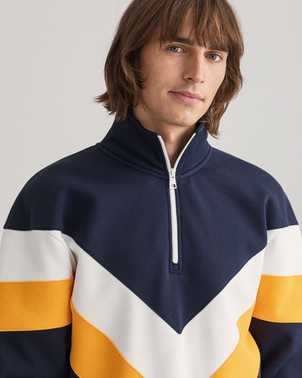 Gant V Stripe Tiger Men's Half Zip Sweatshirts Blue | TStmg1bwUrK