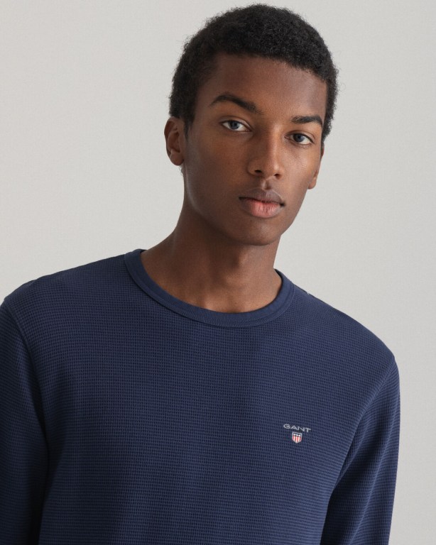 Gant Waffle Crew Neck Men's Sweatshirts Blue | QQ5YIgllV2K