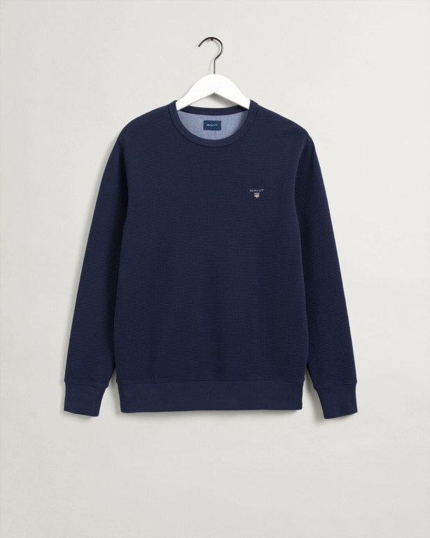 Gant Waffle Crew Neck Men's Sweatshirts Blue | QQ5YIgllV2K