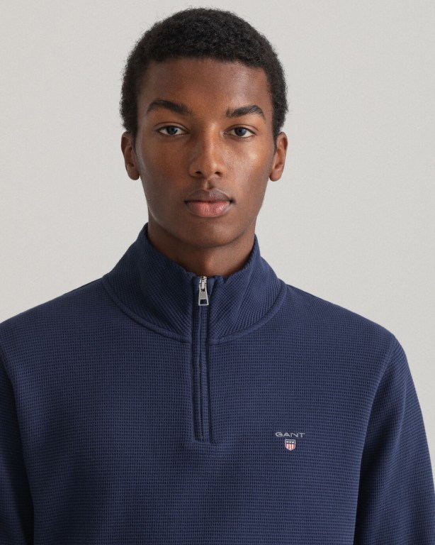 Gant Waffle Half-Zip Men's Sweatshirts Blue | D2VLlSx0Huk