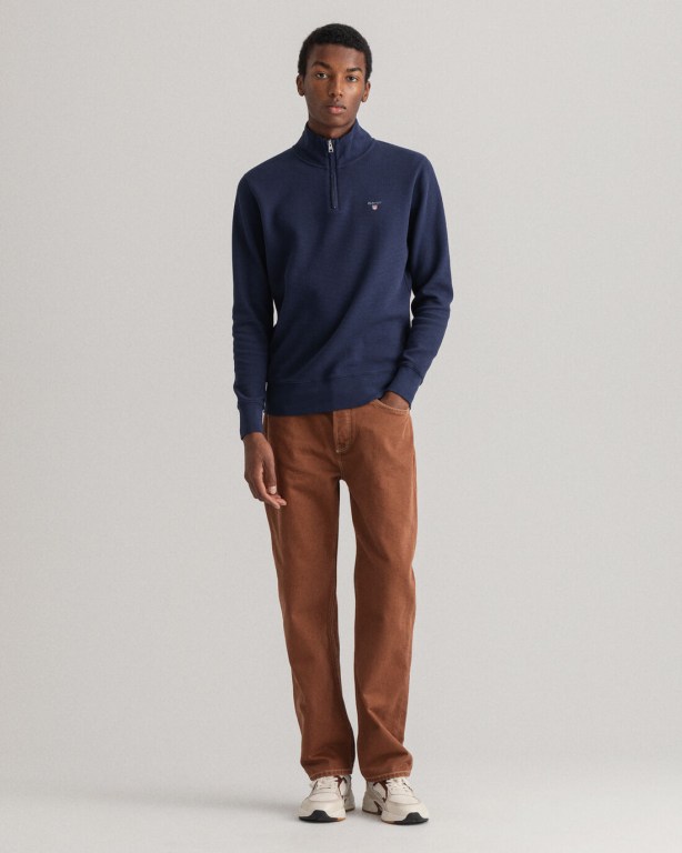 Gant Waffle Half-Zip Men's Sweatshirts Blue | D2VLlSx0Huk